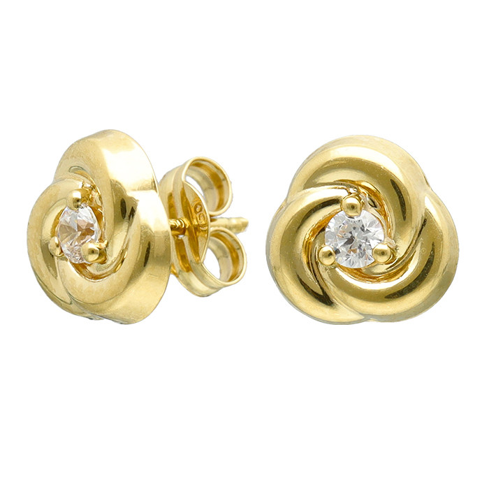 PENDIENTES EN ORO AMARILLO DE 18 QUILATES CON FORMA DE TRIPLE NUDO CIRCONITA CENTRAL